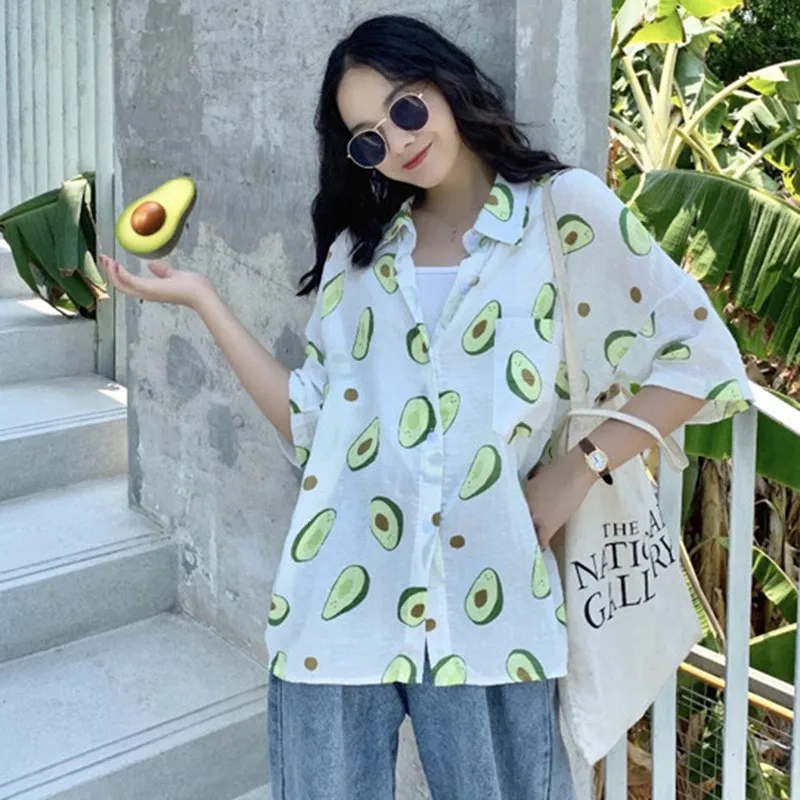 

2020 Korte Mouw Revers Blouse Koreaanse Fruit Print Shirt Dames Shirt Paar Casual Losse Top Blusas