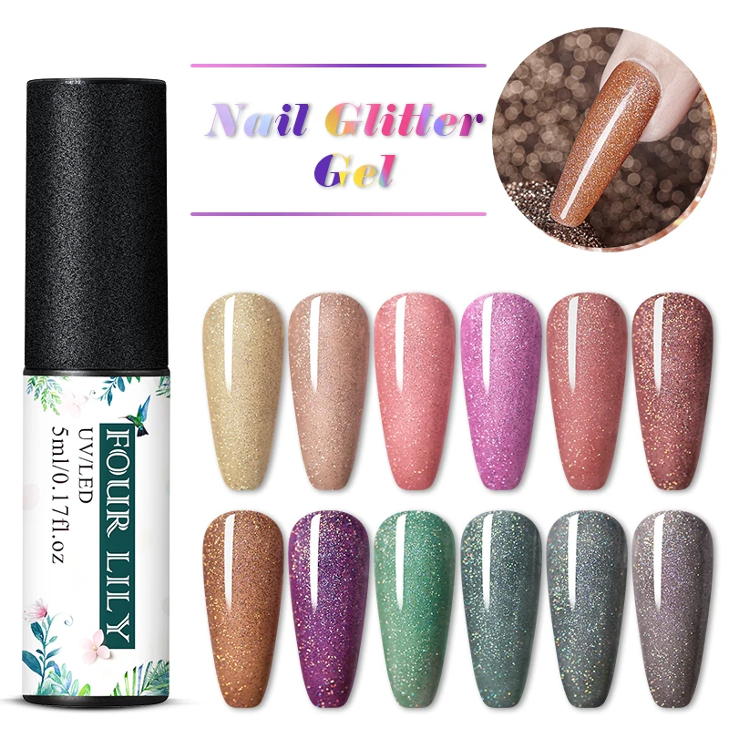 FOUR LILY Nail Glitter Gel 5ml Holographic Polish Shimmer Soak-Off UV LED Long-lasting Varnish Manicure DIY Lacquer | Красота и
