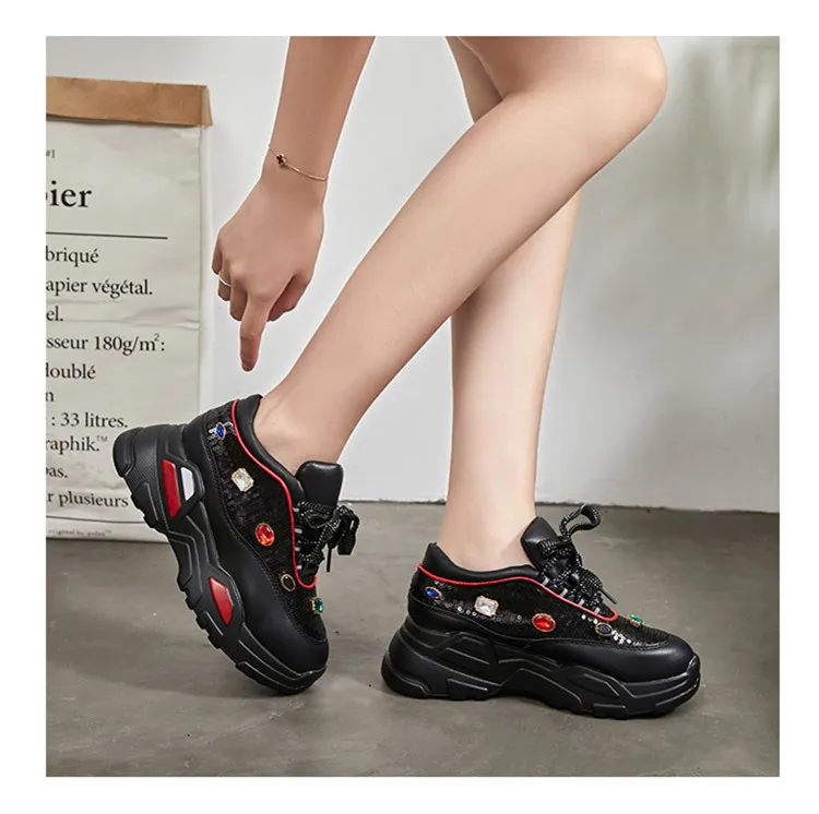 Женские кроссовки со стразами на толстой подошве; женская обувь на платформе; сверкающий блеск; дышащая женская повседневная обувь; 928w