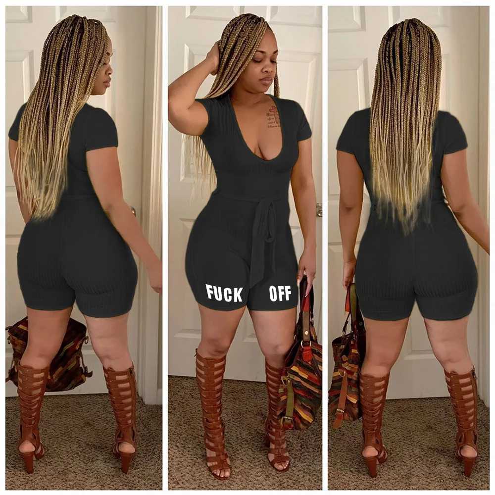 ANJAMANOR Ribbed Knit Letter Print Casual Rompers Womens Jumpsuit Summer 2020 Orange Black Sexy Bodycon Playsuit D91-AC87