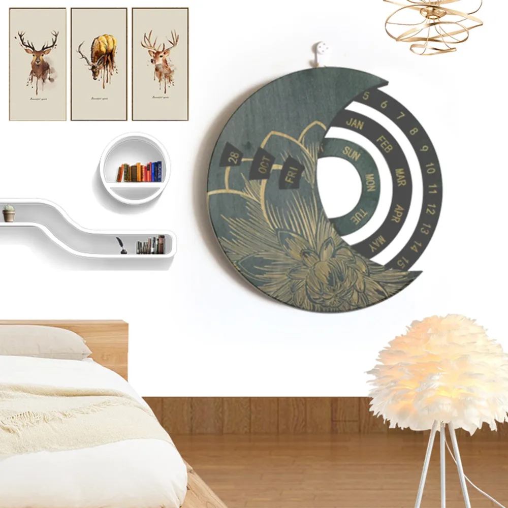 Wooden Round Turntable Calendar Creative Wooden Wall Calendar Wall Hanging Crafts Desktop Decorative Classic Gift