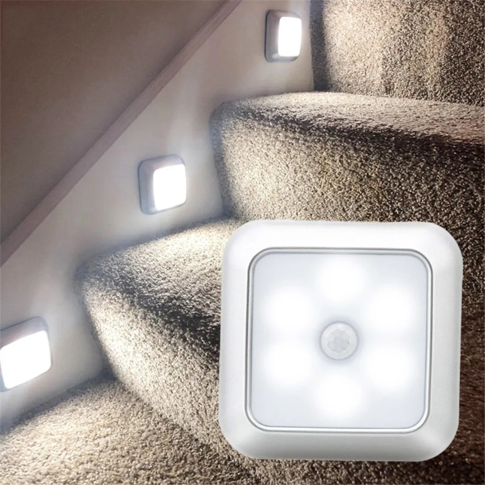 

6 LEDs Battery Powered Square Motion Sensor Night Lights PIR Induction Under Cabinet Light Closet Lamp Stairs Kitchen Bedroom