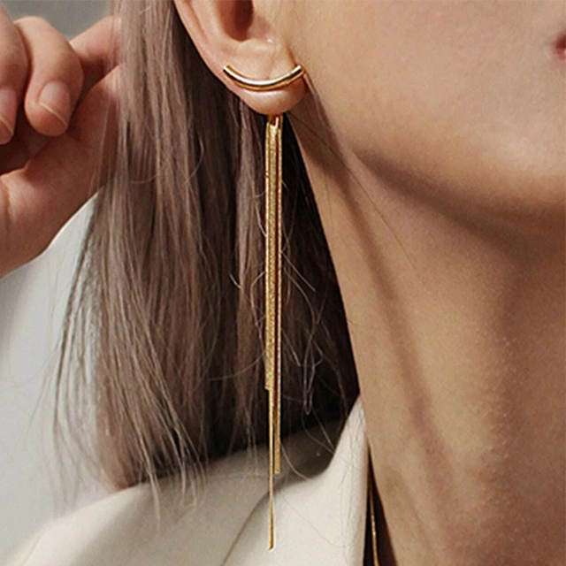 Gold Color Bar Long Thread Tassel Drop Earrings for Women Glossy Arc Geometric Korean Fashion Jewelry Hanging Pendientes