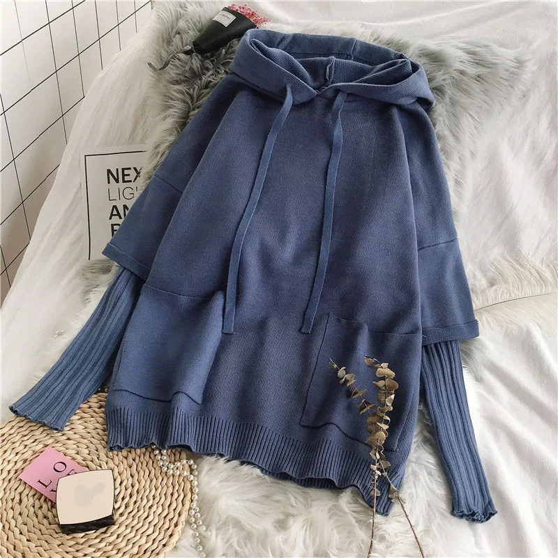 

flase two piece hooded women sweater and pullovers solid loose knitted casual student female outwear pulls tops