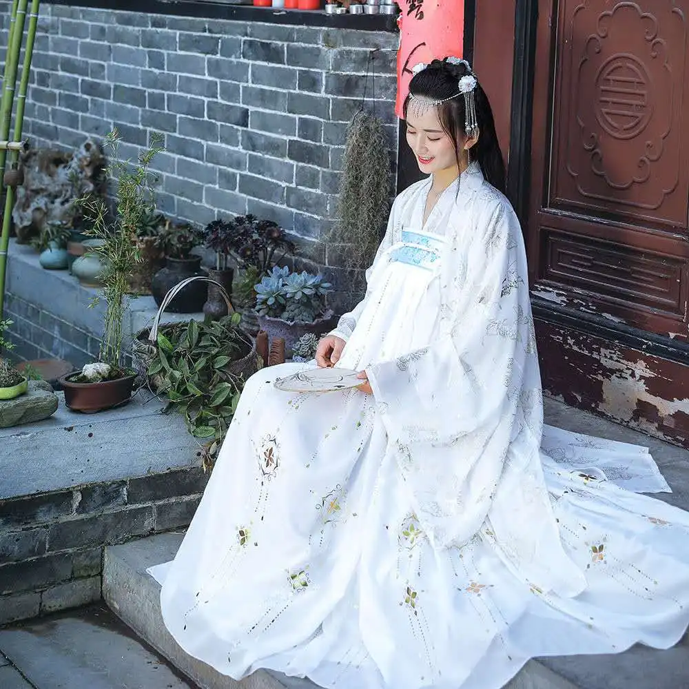 Embroidery Mesh Big Flower Embroidery Hanfu Dress Fairy Girls Performance Clothing Women Elegant Hanfu Costumes Plus Size photo