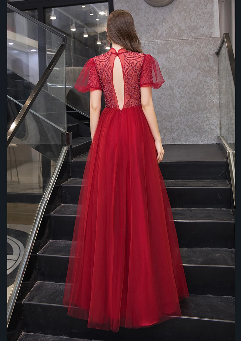 SSYFashion, Новое высококачественное красное вечернее платье, роскошное, с высоким воротом, с блестками, с бисером, с коротким рукавом, длинное, официальное платье, Vestido De Noche