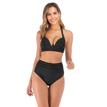 

2020 Sexy Solid Bikini Set Women UnderWire Swimwear Brazilian High Waist Swimsuit V-Neck Bathing Suit Push Up Halter Beachwear