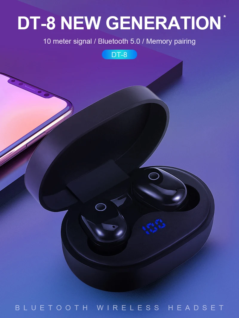 DT-8 TWS, беспроводные Bluetooth наушники, светодиодный дисплей, сенсорный TWS, беспроводные наушники с внешним аккумулятором, гарнитура с микрофоном, Bluetooth 5,0