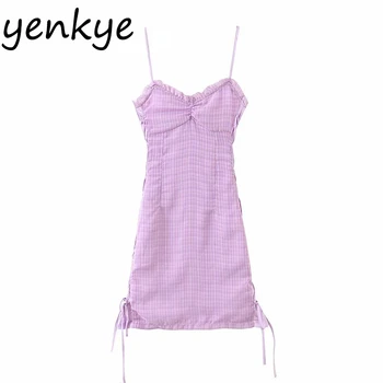 

Vintage Plaid Sexy Sling Dress Women Side Drawstring Bodycon Mini Dress Romantic Lady V Neck Sleeveless Club Party Dresses