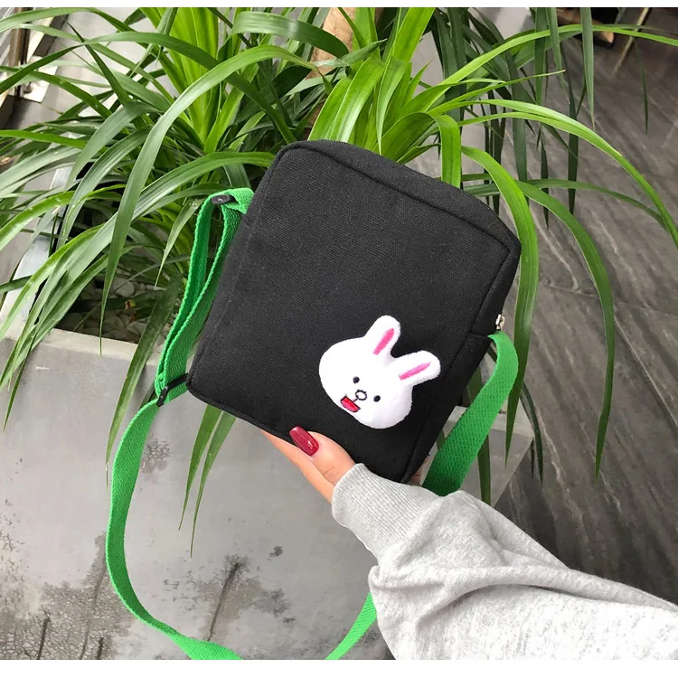 Solid Color Simple Canvas Square Sling Bag Cartoon Cute Rabbit Shoulder Bag Versatile MORI Series Shoulder Bag Phone Coin Purse