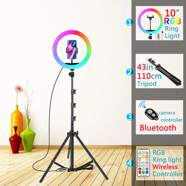 12in 30cm Selfie Ring Light RGB Tripod Phone Stand Holder Photography RingLight Circle Fill Light Led Color Lamp Trepied Makeup 10in RGB Type 3