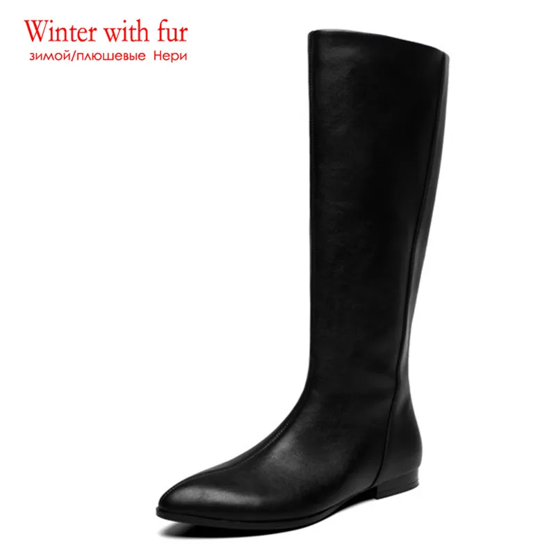 black with fur ASUMER/ г. Новые ботинки из натуральной кожи высокого качества Повседневная обувь высокие сапоги до колена на плоской подошве женская обувь осенне-зимние ботинки - Цвет: black with fur