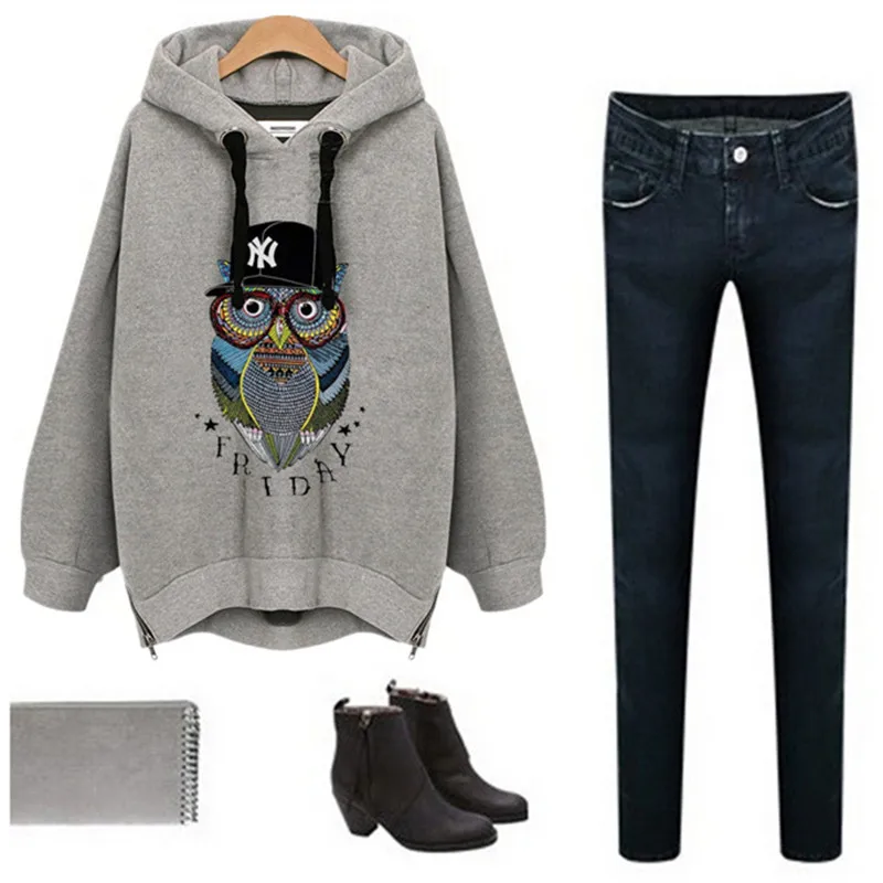Autumn Winter Hoodies Sweatshirts Women Owl Plus Size Long Sleeve Pullover Thick Oversized Casual H