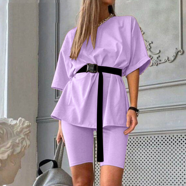 Summer Women Set O Neck Loose Short Sleeve Top Shirt and  Bodycon Cycling Shorts Women Bottom Suit Two Piece Sets Outfit