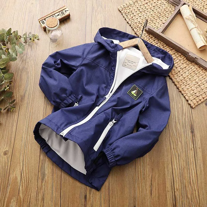 Navy blue IYEAL Детская осенняя куртка для мальчиков Тренч с капюшоном на молнии легкий Дети пальто дождя ветровка детская куртка с сетчатая юбка для детей от 4 до 12 лет - Цвет: Navy blue
