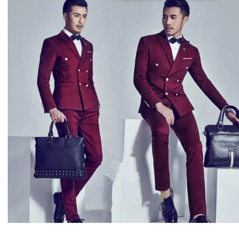 

Custom Made Burgundy Men Slim Fit Suits Double Breasted Tuxedos Grooms Wedding Suits Formal Party Suits