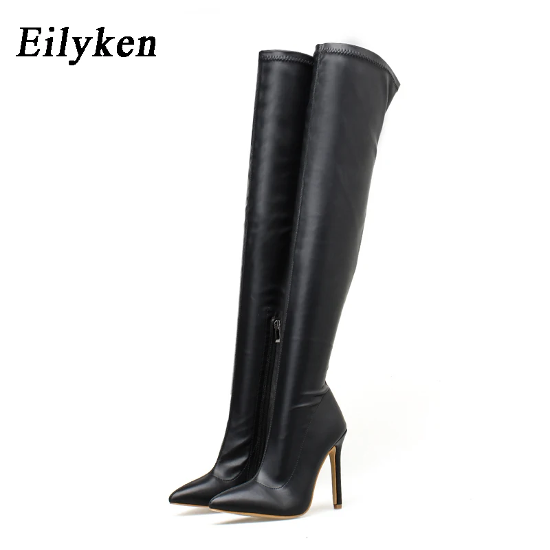 Eilyken/ г., Зимние Модные ботфорты выше колена женские пикантные ботфорты на высоком тонком каблуке с острым носком на молнии - Цвет: PU Black