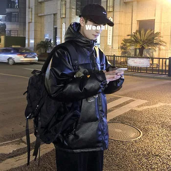 

New Year 2020 Winter PU Leather Loose Hooded Print Boys Solid Color Thickened Hip Hop Casual Cotton Coat