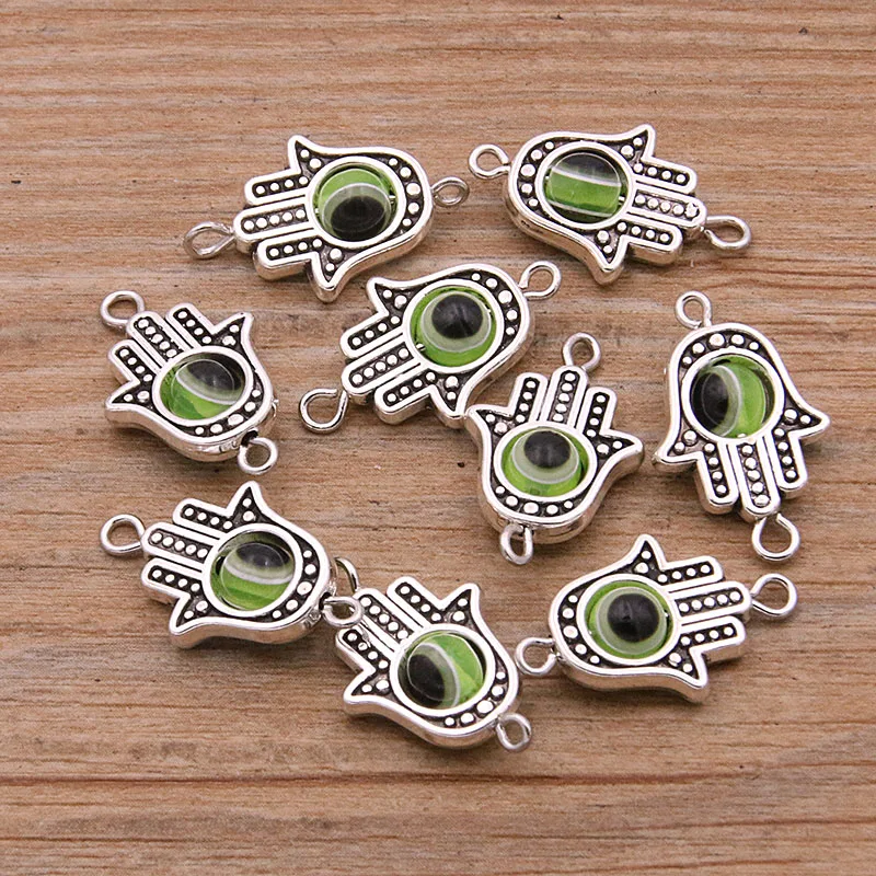 10PCS 13*22mm Fatima Hamsa Hand 10 Color Evil Eye Spacer Bead Connector For DIY Bracelets Necklace Jewelry Handmade Making