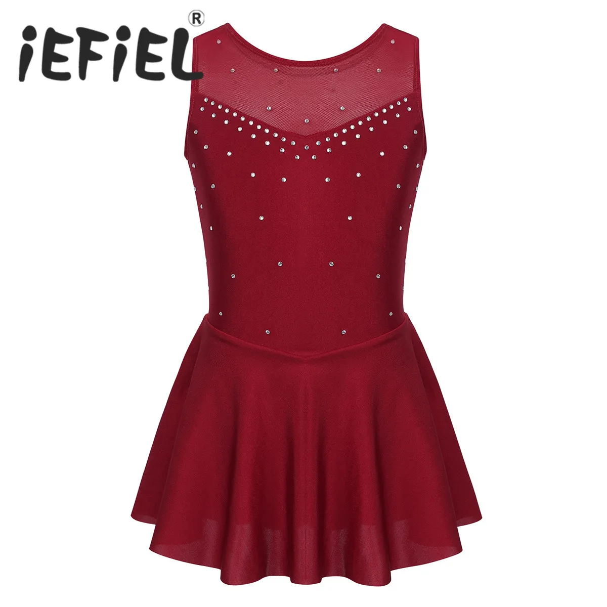 

Kids Girls Sleeveless Sparkly Rhinestone Tulle Back Figure Ice Skating Roller Skating Ballet Dance Leotard Performance Dress