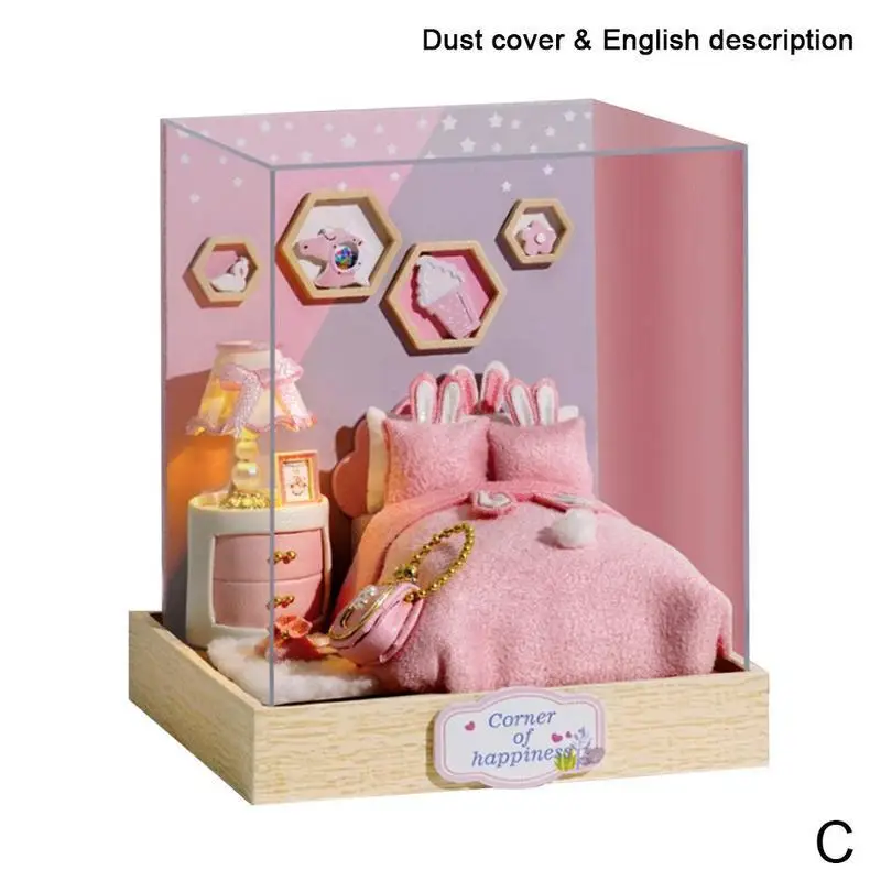 Assemble DIY Doll House Toy Miniature 3D Wooden Furniture Led Lights Dollhouse Model With Dust Cover Kids Birthday Toys Gift - Цвет: C
