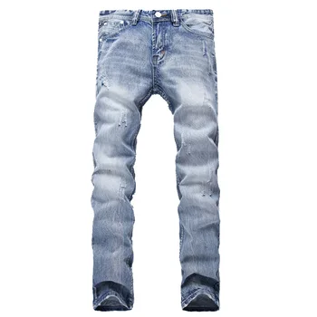 

2020 Men's Light-Colored Slim Straight Hole Denim Pants Youth Casual Jeans