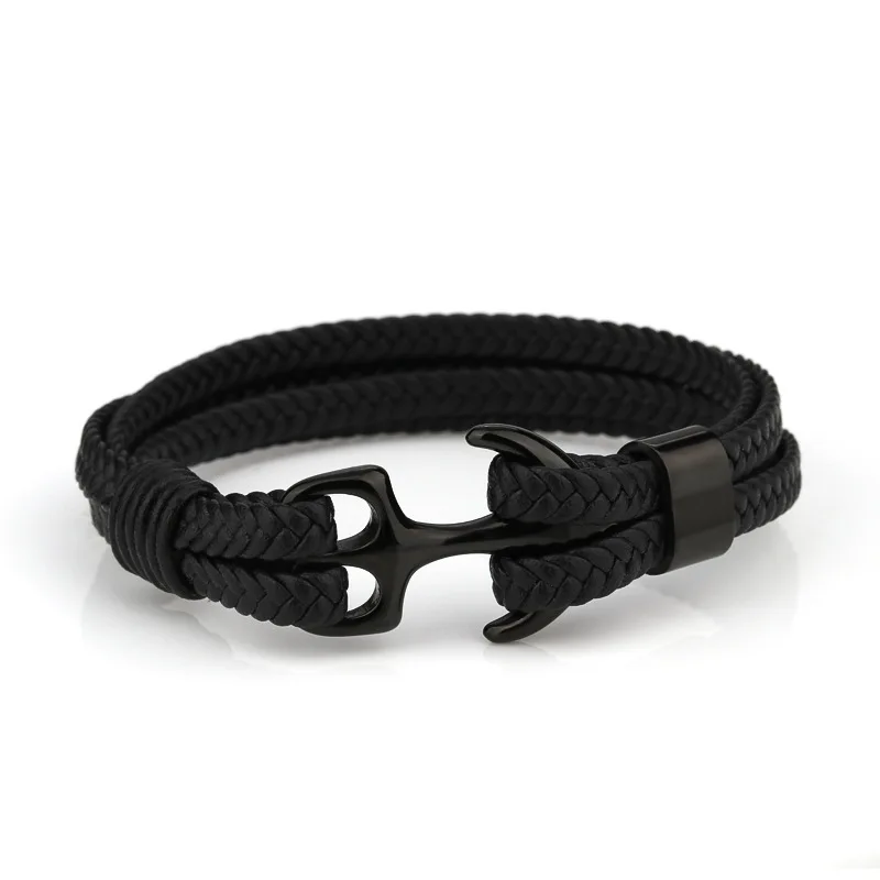 European And American Men's Titanium Steel Bracelet Black Leather Woven Anchor Stainless Steel Bracelet Leather Rope - Image 5