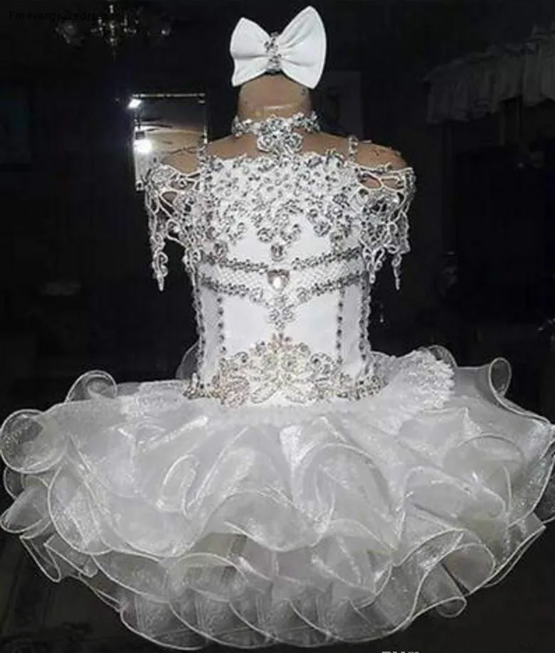 2018 New White Beaded Rhinestones Organza Ball Gown Girls Pageant Dress Toddler Little Girls Cupcake Puffy Dresses Formal Wear Gowns  115