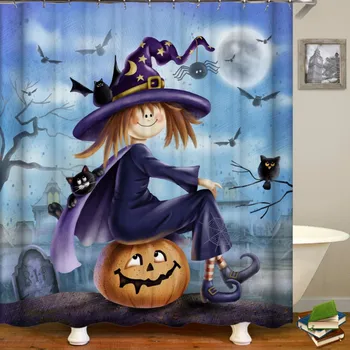 

Halloween Shower Curtain Pumpkin Witch Polyester Fabric Bath Accessories Shower Curtains Decor With 12PCS Hooks 72X72 In