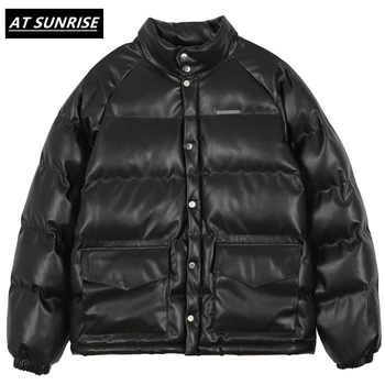 

men winter Leather jacket parkas coat Hip Hop Thick Cotton Jackets Fashion Casual Solid color streetwear Oversized jacket tops