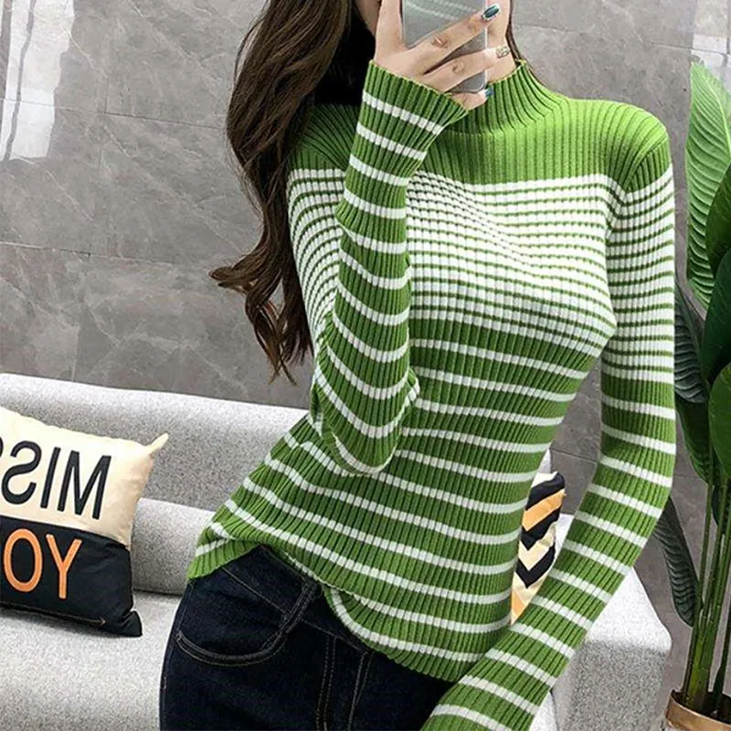 Женский свитер, модный, базовый, осенний, зимний, в полоску, с принтом, тонкий, длинный рукав, водолазка, тонкий, низ, вязаный свитер - Цвет: Зеленый