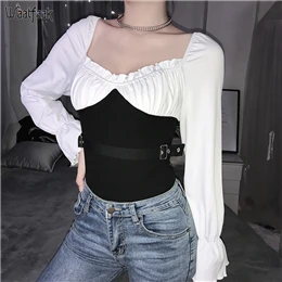 

Waatfaak Long Sleeve Bodysuit With Belt Elegant Black Patchwork White Body Suit Ruffles Square Collar Casual Bodysuits Ladies