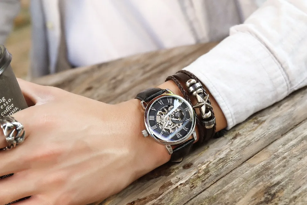 Новинка, брендовые MG ORKINA часы, мужские часы с кожаным ремешком, механические наручные часы с серебряным каркасом, прозрачный полый дизайн