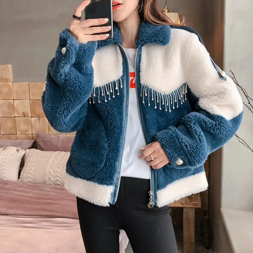 

Diamond beading Warm Sheep fur sheared coat female new hit color thicker wark fur coat short fur one grain fur jackets wq2383