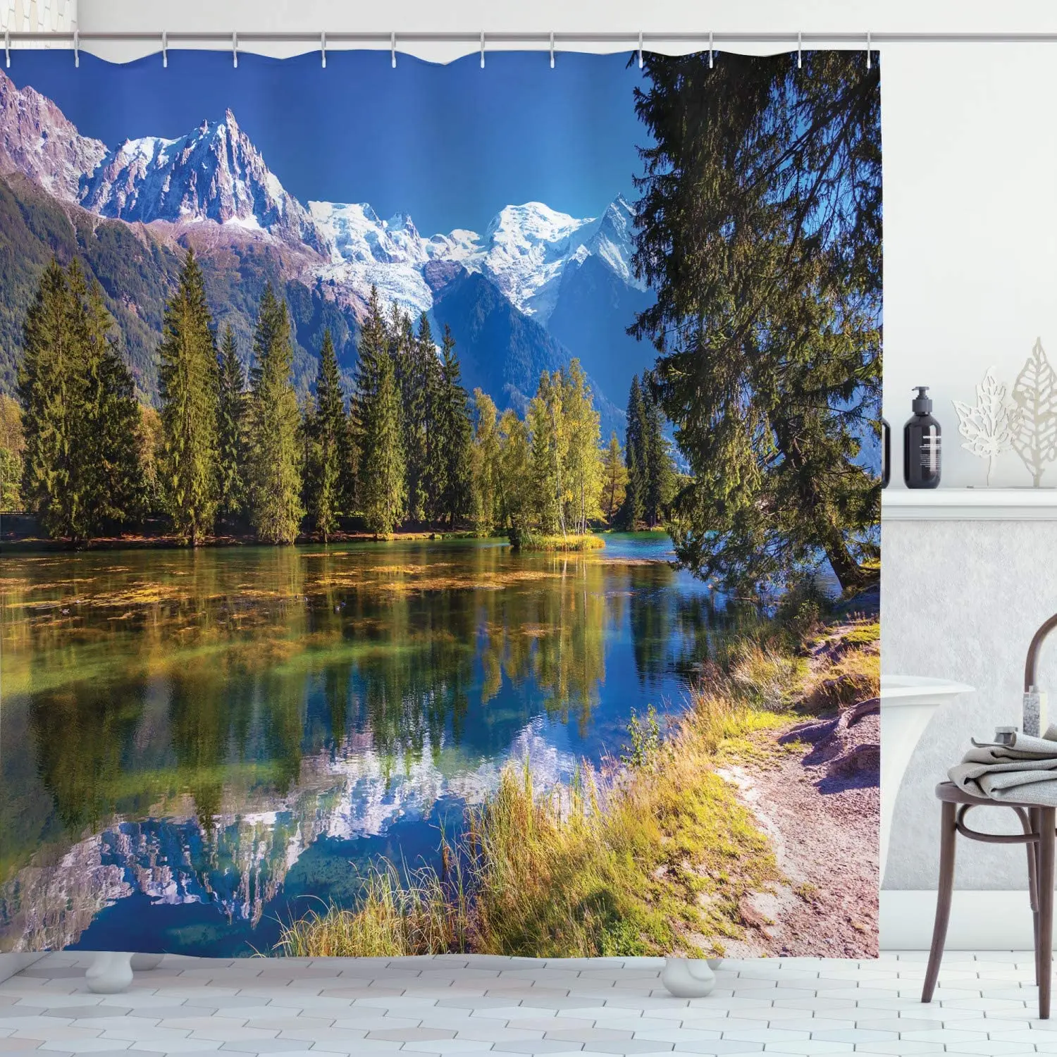 Shower Curtains Window Outside Forest Bridge Spring Landscape Creativity Zen Stone Tree Building Scenery Cloth With Hook
