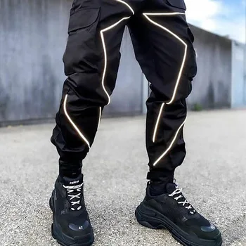 Image of 2020 Autumn Reflective Striped Track Cargo Pant Trousers Joggers Men Harem Pants Streetwear Hip Hop Sweatpants Harajuku