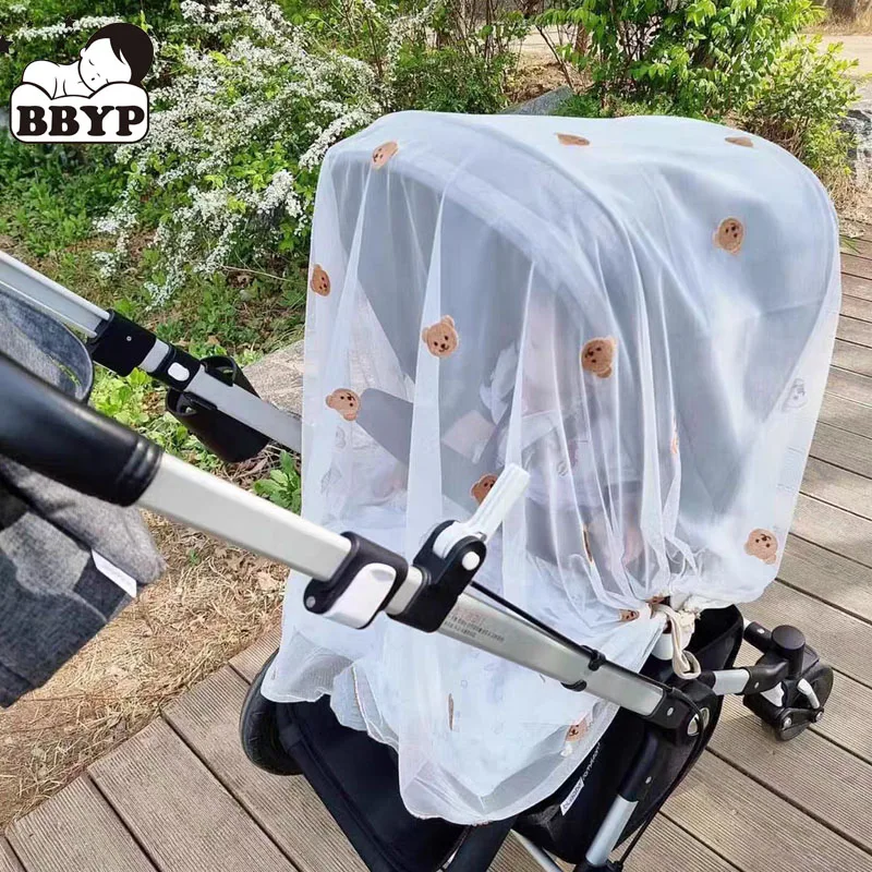 Baby Stroller Cover Breathable Mesh Mosquitoes Net Cartoon Embroidery Bear Sunshade Windshield Sunscreen Curtain