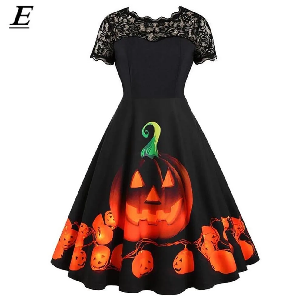 Женское платье с принтом тыквы коротким рукавом и V-образным вырезом | Женская