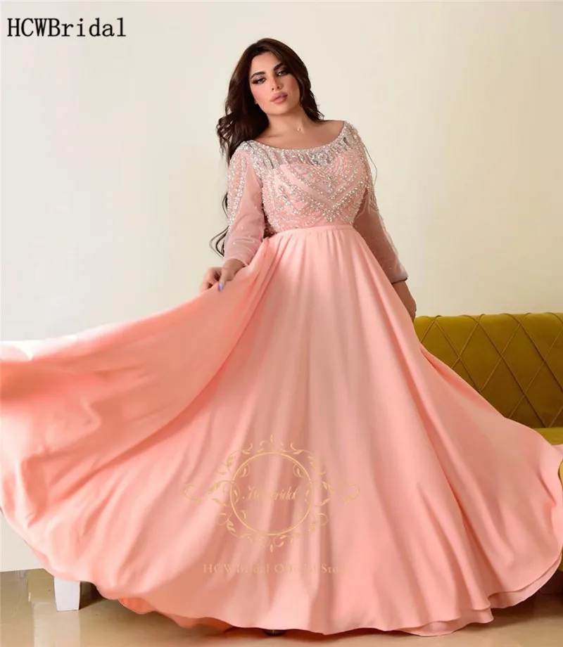 Розовое арабское вечернее платье с длинными рукавами изысканные стразы трапециевидные длинные официальные платья для женщин по индивидуальному заказу