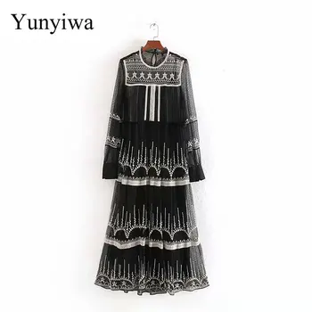 

2020 Women O Neck Long Sleeve Embroidery Mesh Midi Dress Female Two Pieces Vestidos Chic Lace Patchwork Straight Dresses