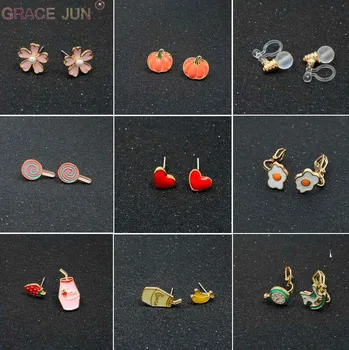 

GRACE JUN 2020 New Arrival Cartoon Animal Plant Small Clip on Earrings and Pierced Stud Earrings for Women Girls Best Gift