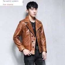 Мужская куртка из натуральной кожи, натуральная коровья кожа, мужская куртка, Байкерская мотоциклетная кожаная куртка, приталенное пальто 19-07A KJ3219