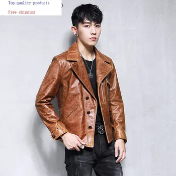 

Men's Genuine Leather Jacket 100% Real Cow Leather Jacket Men Biker Motorcycle Leather Blazers Slim Coat 19-07A KJ3219