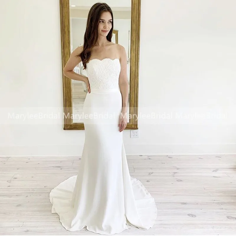 Elegant Ivory Wedding Dress Strapless Mermaid Bridal Women Robe De Mariee Simple Lace Trumpet vestido casamento praia | Свадьбы и