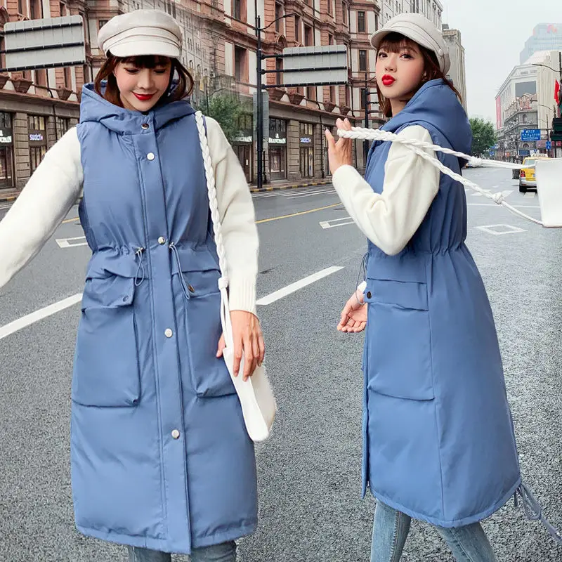2020 Autumn and Winter Cotton Vest Women's Coat Long Hooded Waistcoat Slim Sleeveless Large Size Jacket With Pockets f1589 | Женская
