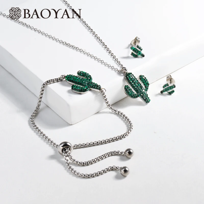 Silver Plated Baoyan Зеленый Кактус женский ювелирный набор золото/серебро Цвет Нержавеющая сталь ювелирный набор модный кубический цирконий набор украшений для женщин - Окраска металла: Silver Plated
