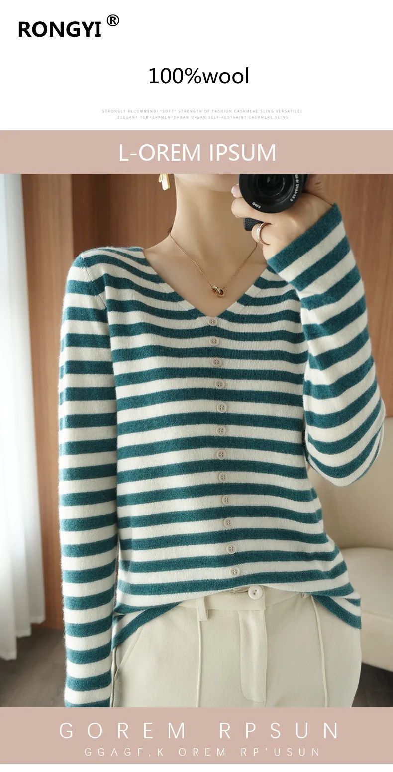 long cardigan RONGYI Spring Autumn New 100%Pure Wool Sweater Women V-Neck Striped Knit Large Size Pullovers Warm Button Cashmere Sweater Shirt christmas sweatshirt