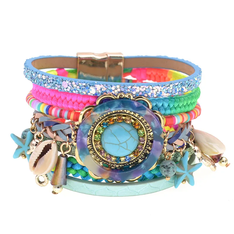 colorful WELLMORE shell Браслеты в богемном стиле женские кожаные браслеты с подвесками для женщин модные ювелирные изделия Прямая - Окраска металла: colorful