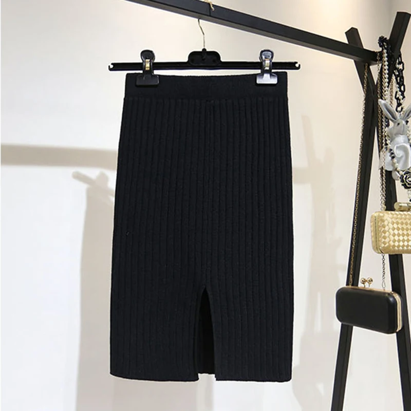 2020 Women Office Skirt Spring autumn Sexy Warm Knitted Black Pencil Skirts Ladies High Waist Elegant Long Skir Party Club Skirt