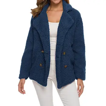 

New Autumn Winter Women Wide Lapel Double Breasted Warm Fluffy Jacket Coat Outwear